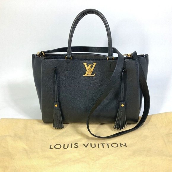 Authentic LOUIS VUITTON M54569 Lock Meet 2WAY Tote Bag Calf Leather Black/GoldHa - Picture 1 of 15